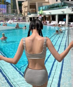 Women's High-Waisted Striped Bikini Swimsuit - Flattering Two-Piece, Slimming Design for Small Bust, Perfect for Swimming and Beach Days