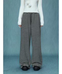 Women's High-Waisted Wide-Leg Striped Pants - Loose BF Style for Autumn/Winter 2025, Casual Chic Glutinous Rice Trousers