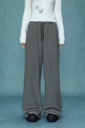 Women's High-Waisted Wide-Leg Striped Pants - Loose BF Style for Autumn/Winter 2025, Casual Chic Glutinous Rice Trousers