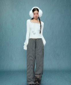 Women's High-Waisted Wide-Leg Striped Pants - Loose BF Style for Autumn/Winter 2025, Casual Chic Glutinous Rice Trousers