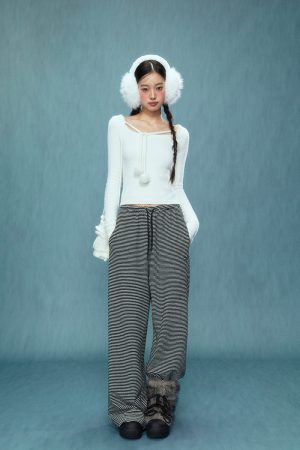Women's High-Waisted Wide-Leg Striped Pants - Loose BF Style for Autumn/Winter 2025, Casual Chic Glutinous Rice Trousers