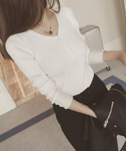 Women's Hong Kong Style V-Neck Button Top, Tight-Fitting Long Sleeve Sweater, Versatile Knitted Base Shirt for Autumn & Winter Fashion