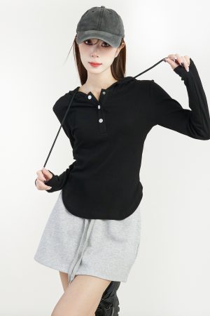 Women's Hooded Long Sleeve T-Shirt - 2025 Spring Slim Fit Sweatshirt, Trendy Base Top for Y2K and Korean Style Fashion
