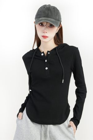 Women's Hooded Long Sleeve T-Shirt - 2025 Spring Slim Fit Sweatshirt, Trendy Base Top for Y2K and Korean Style Fashion