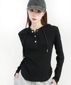Women's Hooded Long Sleeve T-Shirt - 2025 Spring Slim Fit Sweatshirt, Trendy Base Top for Y2K and Korean Style Fashion