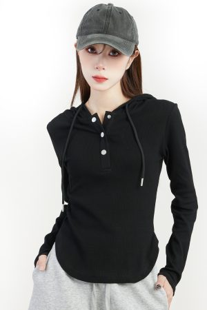 Women's Hooded Long Sleeve T-Shirt - 2025 Spring Slim Fit Sweatshirt, Trendy Base Top for Y2K and Korean Style Fashion