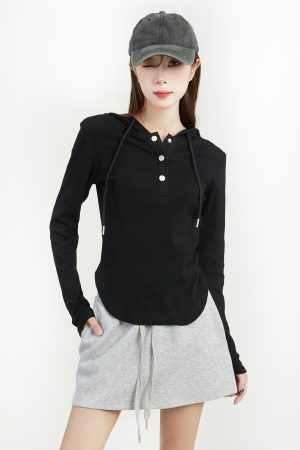 Women's Hooded Long Sleeve T-Shirt - 2025 Spring Slim Fit Sweatshirt, Trendy Base Top for Y2K and Korean Style Fashion