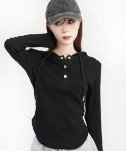 Women's Hooded Long Sleeve T-Shirt - 2025 Spring Slim Fit Sweatshirt, Trendy Base Top for Y2K and Korean Style Fashion