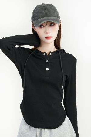 Women's Hooded Long Sleeve T-Shirt - 2025 Spring Slim Fit Sweatshirt, Trendy Base Top for Y2K and Korean Style Fashion