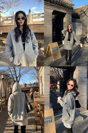 Women's Hooded Zip-Up Sweatshirt Cardigan Set - Casual Loose Fit Autumn Winter Layering Coat and Skirt Ensemble