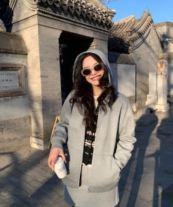 Women's Hooded Zip-Up Sweatshirt Cardigan Set - Casual Loose Fit Autumn Winter Layering Coat and Skirt Ensemble