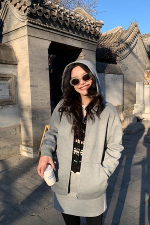 Women's Hooded Zip-Up Sweatshirt Cardigan Set - Casual Loose Fit Autumn Winter Layering Coat and Skirt Ensemble