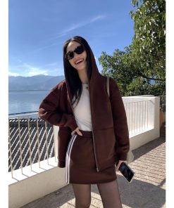 Women's Hooded Zip-Up Sweatshirt Cardigan Set - Casual Loose Fit Autumn Winter Layering Coat and Skirt Ensemble