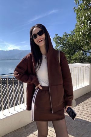 Women's Hooded Zip-Up Sweatshirt Cardigan Set - Casual Loose Fit Autumn Winter Layering Coat and Skirt Ensemble