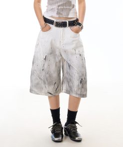 Women's Ink Splash Stained Denim Shorts - 7-Point Design, Casual Summer High Street Style, Trendy Niche Fashion