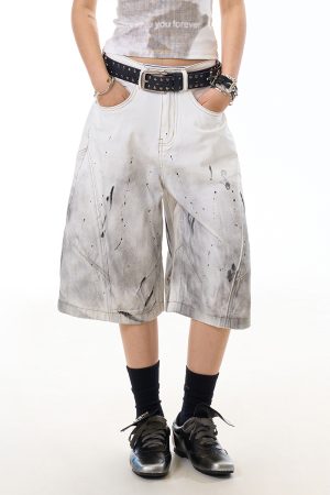 Women's Ink Splash Stained Denim Shorts - 7-Point Design, Casual Summer High Street Style, Trendy Niche Fashion