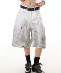 Women's Ink Splash Stained Denim Shorts - 7-Point Design, Casual Summer High Street Style, Trendy Niche Fashion