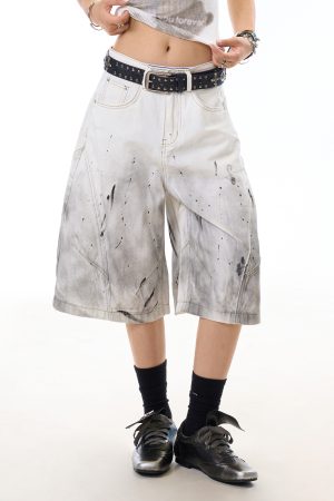 Women's Ink Splash Stained Denim Shorts - 7-Point Design, Casual Summer High Street Style, Trendy Niche Fashion