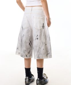 Women's Ink Splash Stained Denim Shorts - 7-Point Design, Casual Summer High Street Style, Trendy Niche Fashion