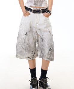Women's Ink Splash Stained Denim Shorts - 7-Point Design, Casual Summer High Street Style, Trendy Niche Fashion