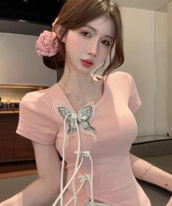 Women's Irregular Button Tassel Slim Fit T-Shirt in Chinese Style with Butterfly Decor - Summer Short Sleeve Top