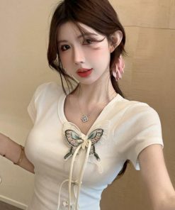 Women's Irregular Button Tassel Slim Fit T-Shirt in Chinese Style with Butterfly Decor - Summer Short Sleeve Top