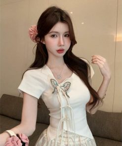 Women's Irregular Button Tassel Slim Fit T-Shirt in Chinese Style with Butterfly Decor - Summer Short Sleeve Top