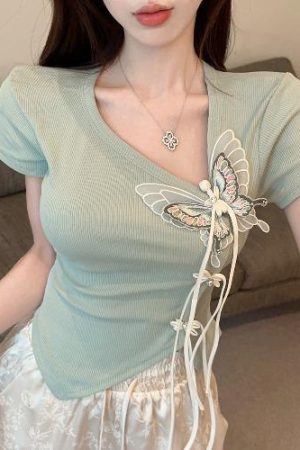 Women's Irregular Button Tassel Slim Fit T-Shirt in Chinese Style with Butterfly Decor - Summer Short Sleeve Top