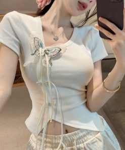 Women's Irregular Button Tassel Slim Fit T-Shirt in Chinese Style with Butterfly Decor - Summer Short Sleeve Top