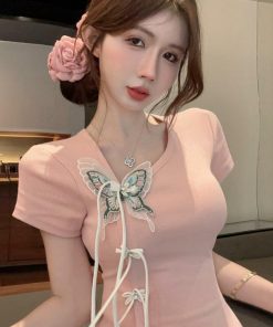 Women's Irregular Button Tassel Slim Fit T-Shirt in Chinese Style with Butterfly Decor - Summer Short Sleeve Top