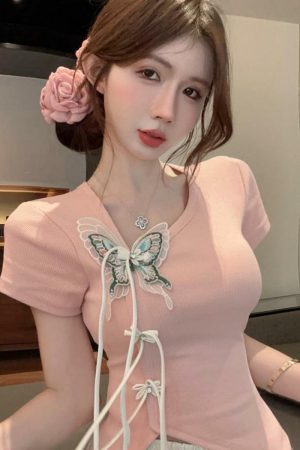 Women's Irregular Button Tassel Slim Fit T-Shirt in Chinese Style with Butterfly Decor - Summer Short Sleeve Top