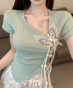 Women's Irregular Button Tassel Slim Fit T-Shirt in Chinese Style with Butterfly Decor - Summer Short Sleeve Top