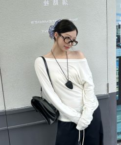Women's Irregular Pleats Long Sleeve T-Shirt with Stacked Asymmetrical Shoulders - Trendy Lyocell Fitted Top for Y2K Style