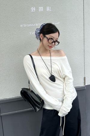Women's Irregular Pleats Long Sleeve T-Shirt with Stacked Asymmetrical Shoulders - Trendy Lyocell Fitted Top for Y2K Style