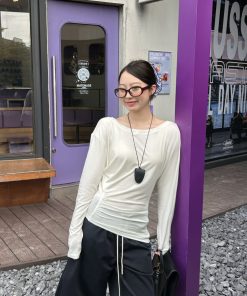 Women's Irregular Pleats Long Sleeve T-Shirt with Stacked Asymmetrical Shoulders - Trendy Lyocell Fitted Top for Y2K Style