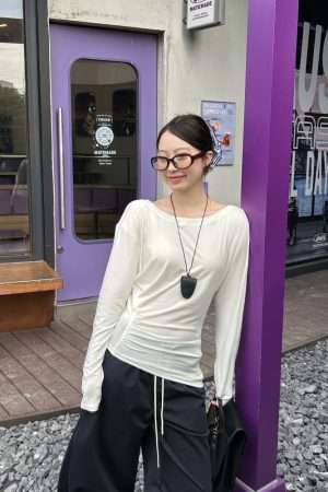 Women's Irregular Pleats Long Sleeve T-Shirt with Stacked Asymmetrical Shoulders - Trendy Lyocell Fitted Top for Y2K Style