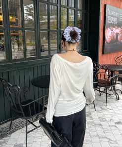 Women's Irregular Pleats Long Sleeve T-Shirt with Stacked Asymmetrical Shoulders - Trendy Lyocell Fitted Top for Y2K Style