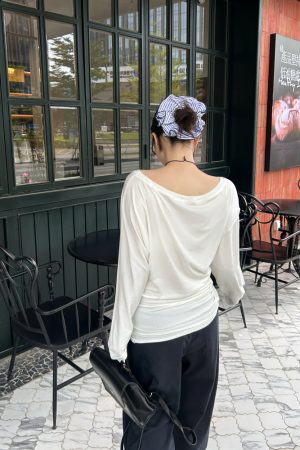 Women's Irregular Pleats Long Sleeve T-Shirt with Stacked Asymmetrical Shoulders - Trendy Lyocell Fitted Top for Y2K Style