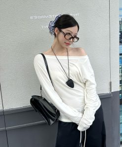Women's Irregular Pleats Long Sleeve T-Shirt with Stacked Asymmetrical Shoulders - Trendy Lyocell Fitted Top for Y2K Style