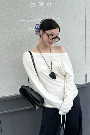 Women's Irregular Pleats Long Sleeve T-Shirt with Stacked Asymmetrical Shoulders - Trendy Lyocell Fitted Top for Y2K Style