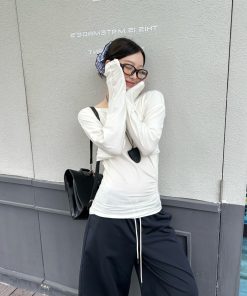 Women's Irregular Pleats Long Sleeve T-Shirt with Stacked Asymmetrical Shoulders - Trendy Lyocell Fitted Top for Y2K Style