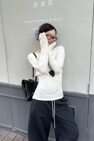 Women's Irregular Pleats Long Sleeve T-Shirt with Stacked Asymmetrical Shoulders - Trendy Lyocell Fitted Top for Y2K Style