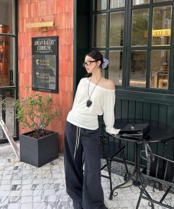 Women's Irregular Pleats Long Sleeve T-Shirt with Stacked Asymmetrical Shoulders - Trendy Lyocell Fitted Top for Y2K Style