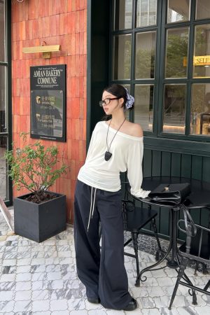 Women's Irregular Pleats Long Sleeve T-Shirt with Stacked Asymmetrical Shoulders - Trendy Lyocell Fitted Top for Y2K Style