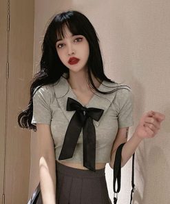 Women's JK Uniform Set - Short Crop Top with Bow and Belly Button Exposure + Pleated Mini Skirt - Nightclub Fashion