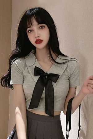 Women's JK Uniform Set - Short Crop Top with Bow and Belly Button Exposure + Pleated Mini Skirt - Nightclub Fashion