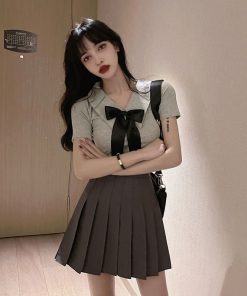 Women's JK Uniform Set - Short Crop Top with Bow and Belly Button Exposure + Pleated Mini Skirt - Nightclub Fashion