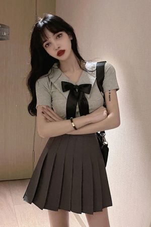 Women's JK Uniform Set - Short Crop Top with Bow and Belly Button Exposure + Pleated Mini Skirt - Nightclub Fashion