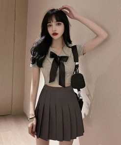 Women's JK Uniform Set - Short Crop Top with Bow and Belly Button Exposure + Pleated Mini Skirt - Nightclub Fashion