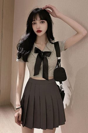 Women's JK Uniform Set - Short Crop Top with Bow and Belly Button Exposure + Pleated Mini Skirt - Nightclub Fashion